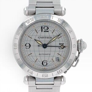 Cartier Pasha Stainless Steel 2377 GMT Bezel Silver Dial Automatic Watch